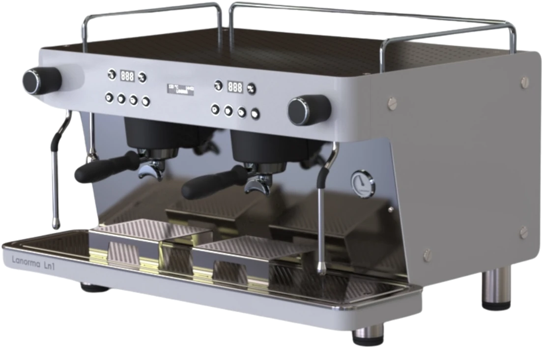 Máquina de café La Norma de 2 grupos en versión vaso alto, con las plataformas elevadas en la bandeja