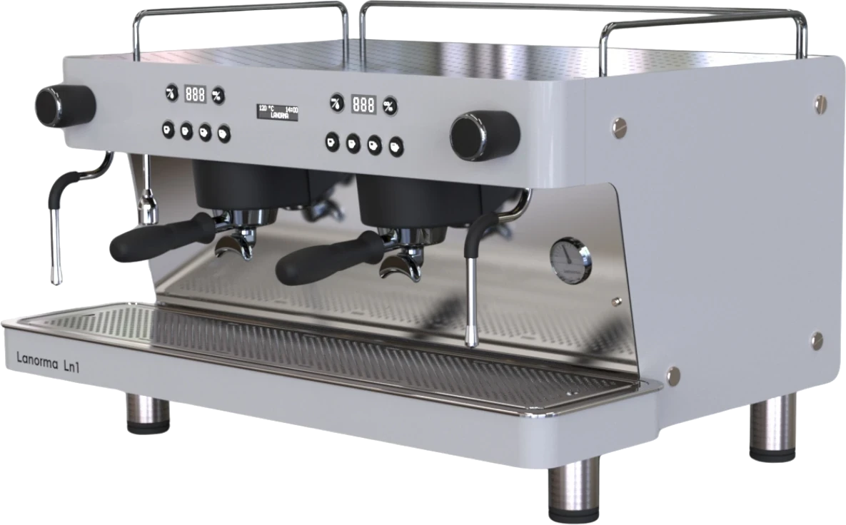 Máquina de café La Norma, modelo 2 grupos, vista en tres cuartos
